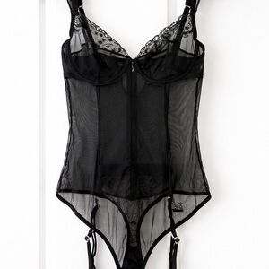 Victoria’s Secret Black Lace Mesh Garter Bodysuit 36C